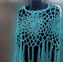 Load image into Gallery viewer, Crochet Cape with Fringe, Crochet Light Green, Boho-Chic Cape, Mandala crochet Top