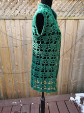 Load image into Gallery viewer, Lacy Forest Green Crochet Vest, Handmade Acrylic Open Lace