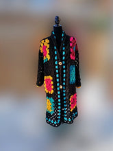 Load image into Gallery viewer, Rainbow Granny Square Crochet Coat, 1970s Style Cardigan, Statement Accessory