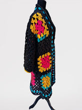 Load image into Gallery viewer, Rainbow Granny Square Crochet Coat, 1970s Style Cardigan, Statement Accessory