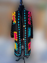 Load image into Gallery viewer, Rainbow Granny Square Crochet Coat, 1970s Style Cardigan, Statement Accessory