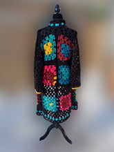 Load image into Gallery viewer, Rainbow Granny Square Crochet Coat, 1970s Style Cardigan, Statement Accessory
