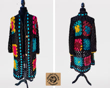 Load image into Gallery viewer, Rainbow Granny Square Crochet Coat, 1970s Style Cardigan, Statement Accessory