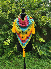Load image into Gallery viewer, Crochet Cape, Rainbow Shawl, Colourful Wrap, Chunky Scarf with Tassels