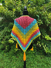 Load image into Gallery viewer, Crochet Cape, Rainbow Shawl, Colourful Wrap, Chunky Scarf with Tassels