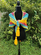 Load image into Gallery viewer, Crochet Cape, Rainbow Shawl, Colourful Wrap, Chunky Scarf with Tassels