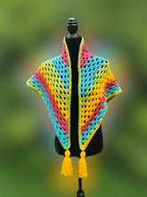 Load image into Gallery viewer, Crochet Cape, Rainbow Shawl, Colourful Wrap, Chunky Scarf with Tassels