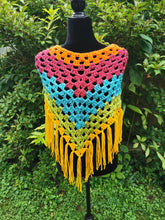 Load image into Gallery viewer, Crochet Cape, Rainbow Shawl, Colourful Wrap, Chunky Scarf with Fringe