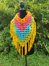 Load image into Gallery viewer, Crochet Cape, Rainbow Shawl, Colourful Wrap, Chunky Scarf with Fringe