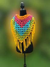 Load image into Gallery viewer, Crochet Cape, Rainbow Shawl, Colourful Wrap, Chunky Scarf with Fringe