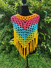 Load image into Gallery viewer, Crochet Cape, Rainbow Shawl, Colourful Wrap, Chunky Scarf with Fringe