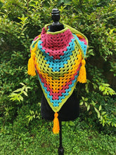 Load image into Gallery viewer, Crochet Cape, Rainbow Shawl, Colourful Wrap, Chunky Scarf with Tassels