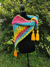 Load image into Gallery viewer, Crochet Cape, Rainbow Shawl, Colourful Wrap, Chunky Scarf with Tassels