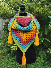 Load image into Gallery viewer, Crochet Cape, Rainbow Shawl, Colourful Wrap, Chunky Scarf with Tassels