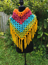 Load image into Gallery viewer, Crochet Cape, Rainbow Shawl, Colourful Wrap, Chunky Scarf with Fringe