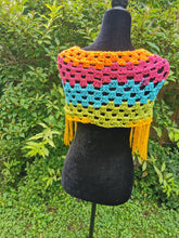 Load image into Gallery viewer, Crochet Cape, Rainbow Shawl, Colourful Wrap, Chunky Scarf with Fringe