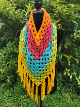 Load image into Gallery viewer, Crochet Cape, Rainbow Shawl, Colourful Wrap, Chunky Scarf with Fringe