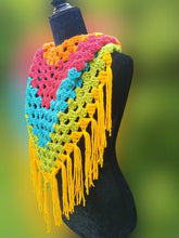 Load image into Gallery viewer, Crochet Cape, Rainbow Shawl, Colourful Wrap, Chunky Scarf with Fringe