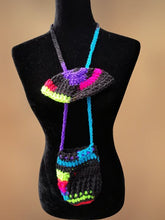 Load image into Gallery viewer, Crochet Mushroom Pouch, Black & Neon Rainbow, eReader Pouch