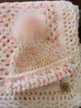 Load image into Gallery viewer, Handmade Crochet Baby Blanket and Hat Set, White Pastel Afghan