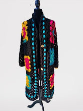 Load image into Gallery viewer, Rainbow Granny Square Crochet Coat, 1970s Style Cardigan, Statement Accessory