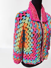 Load image into Gallery viewer, Crochet Hexagon Granny Square Cardigan, Pastel Rainbow Crop Jacket