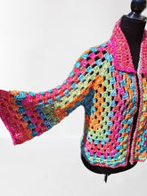 Load image into Gallery viewer, Crochet Hexagon Granny Square Cardigan, Pastel Rainbow Crop Jacket