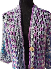Load image into Gallery viewer, Granny Square Crochet Cardigan in Variegated Purple Grey Acrylic