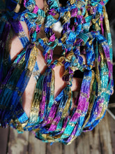 Load image into Gallery viewer, Crochet Poncho with Fringe in Metallic Ribbon Yarn