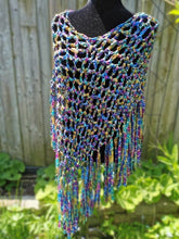 Load image into Gallery viewer, Crochet Poncho with Fringe in Metallic Ribbon Yarn