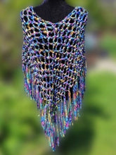 Load image into Gallery viewer, Crochet Poncho with Fringe in Metallic Ribbon Yarn