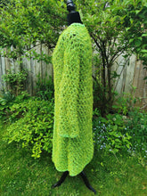 Load image into Gallery viewer, XL Lime Green Crochet Mesh Vest, Long Lacy Cardigan, Statement Accessory