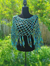 Load image into Gallery viewer, Crochet Ribbon Poncho with Fringe: Metallic Green Blue Cowl