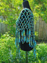 Load image into Gallery viewer, Crochet Ribbon Poncho with Fringe: Metallic Green Blue Cowl