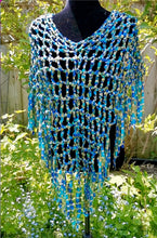 Load image into Gallery viewer, Crochet Ribbon Poncho with Fringe: Metallic Green Blue Cowl