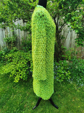 Load image into Gallery viewer, XL Lime Green Crochet Mesh Vest, Long Lacy Cardigan, Statement Accessory