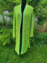 Load image into Gallery viewer, XL Lime Green Crochet Mesh Vest, Long Lacy Cardigan, Statement Accessory