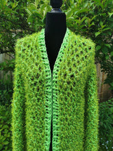 Load image into Gallery viewer, XL Lime Green Crochet Mesh Vest, Long Lacy Cardigan, Statement Accessory