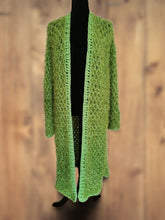 Load image into Gallery viewer, XL Lime Green Crochet Mesh Vest, Long Lacy Cardigan, Statement Accessory
