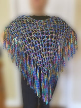Load image into Gallery viewer, Crochet Poncho with Fringe in Metallic Ribbon Yarn