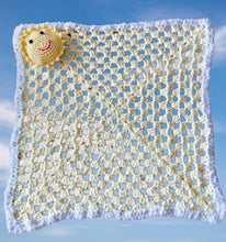 Load image into Gallery viewer, Crochet Sunshine Baby Blanket: Yellow & white/blue Comfort Afghan with gift card