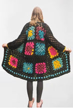Load image into Gallery viewer, Rainbow Granny Square Crochet Coat, 1970s Style Cardigan, Statement Accessory