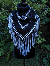 Load image into Gallery viewer, Campfire Triangle Shawl, Crochet Triangle cowl with fringe