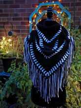 Load image into Gallery viewer, Campfire Triangle Shawl, Crochet Triangle cowl with fringe
