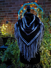 Load image into Gallery viewer, Campfire Triangle Shawl, Crochet Triangle cowl with fringe