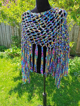 Load image into Gallery viewer, Crochet Poncho with Fringe in Metallic Ribbon Yarn