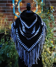 Load image into Gallery viewer, Campfire Triangle Shawl, Crochet Triangle cowl with fringe