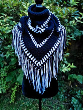 Load image into Gallery viewer, Campfire Triangle Shawl, Crochet Triangle cowl with fringe