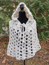 Load image into Gallery viewer, Crochet Hooded Cape: Cream Lace Cluster Poncho, Travel Accessory