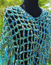 Load image into Gallery viewer, Crochet Ribbon Poncho with Fringe: Metallic Green Blue Cowl
